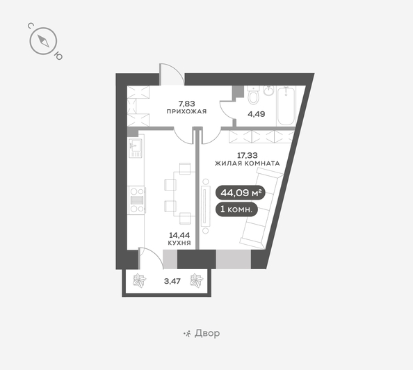 
   Продам 1-комнатную, 44.9 м², Академгородок ул, 80

. Фото 1.