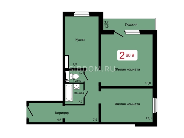 
   Продам 2-комнатную, 60.9 м², Мичурино, дом 2 строение 5

. Фото 2.