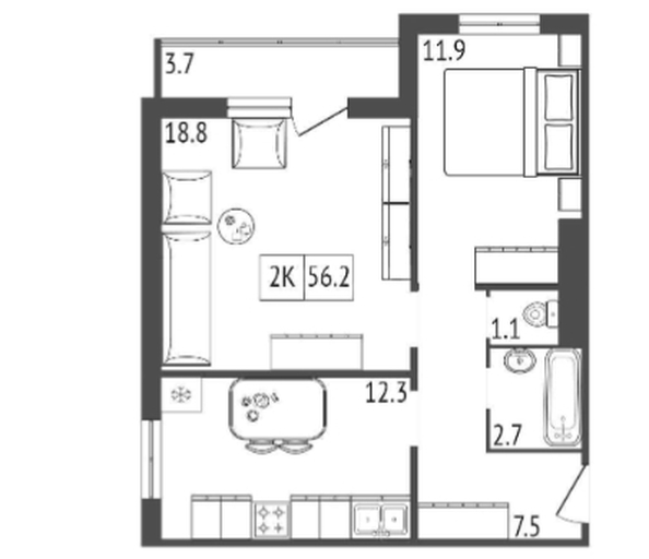 
   Продам 2-комнатную, 56.2 м², Три слона, дом 2

. Фото 1.