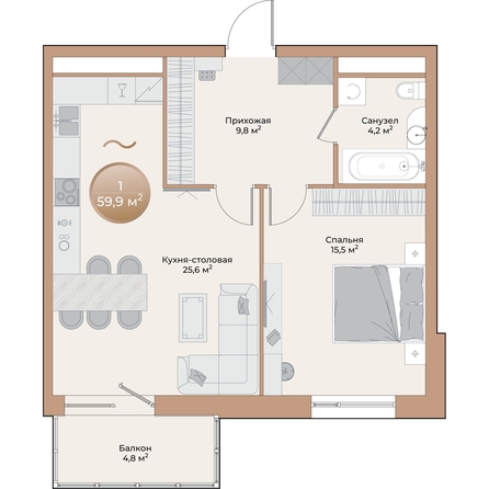 
  Продается 1-комн. квартира, 56.5 м², ЖК Небо над Енисеем, корпус 2
. Фото 1.