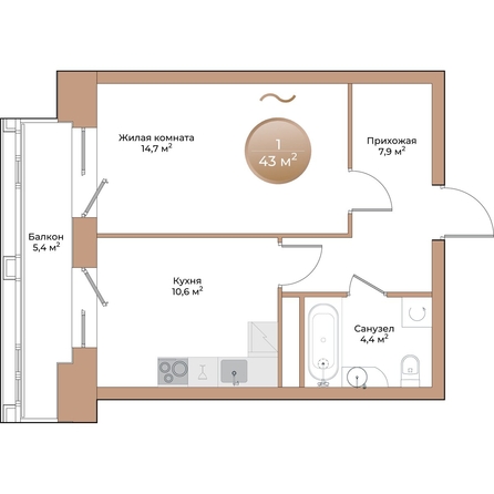 
  Продается 1-комн. квартира, 39.2 м², ЖК Небо над Енисеем
. Фото 3.