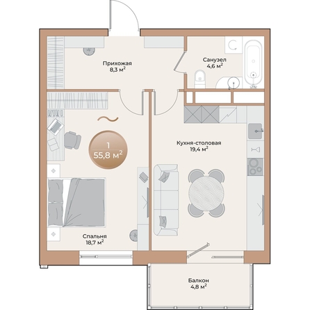 
  Продается 1-комн. квартира, 52.4 м², ЖК Небо над Енисеем
. Фото 1.