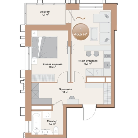 
  Продается 1-комн. квартира, 44.5 м², ЖК Небо над Енисеем
. Фото 1.