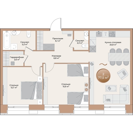 
  Продается 2-комн. квартира, 77.5 м², ЖК Небо над Енисеем
. Фото 2.