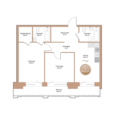 
  Продается 2-комн. квартира 64.5 м², в ЖК Небо над Енисеем. Фото 1.