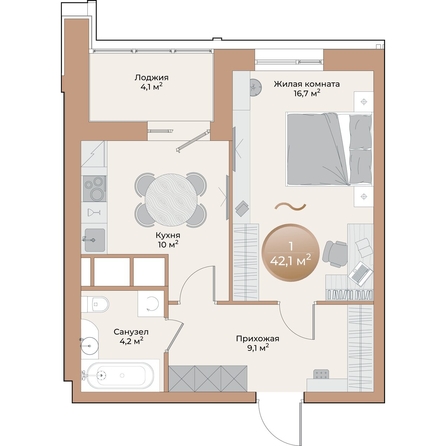 
  Продается 1-комн. квартира, 42.1 м², ЖК Небо над Енисеем
. Фото 2.