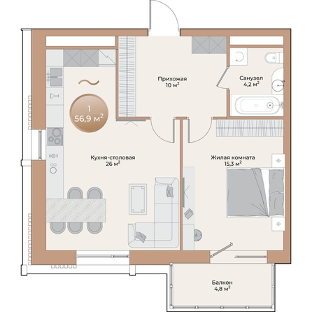 
  Продается 1-комн. квартира, 56.9 м², ЖК Небо над Енисеем
. Фото 2.