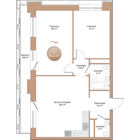 
  Продается 2-комн. квартира, 74.5 м², ЖК Небо над Енисеем
. Фото 2.