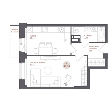 
  Продается 1-комн. квартира 43.58 м², в ЖК Звезда. Фото 1.