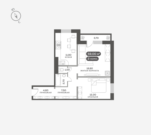 
  Продается 2-комн. квартира 59.5 м². Фото 6.