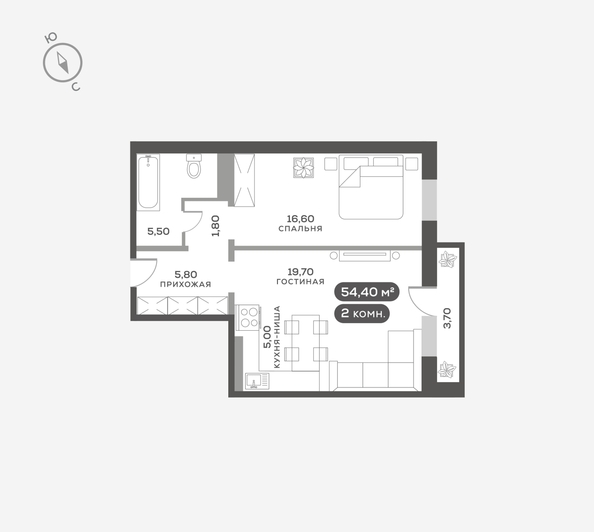 
  Продается 2-комн. квартира 54.3 м². Фото 6.