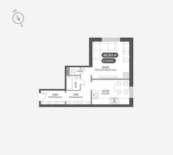 
  Продается 1-комн. квартира 42.4 м², в ЖК Белый квартал на Свободном, дом 3. Фото 6.