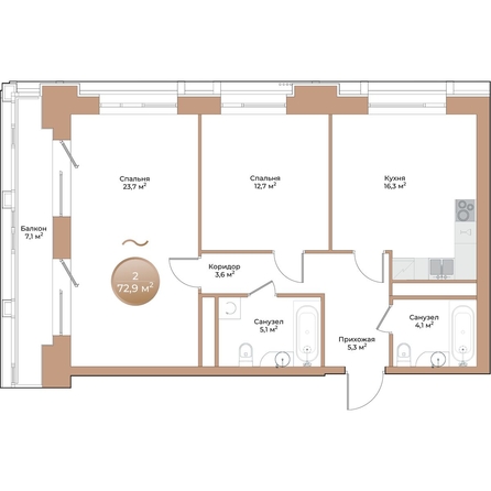 
  Продается 2-комн. квартира 72.9 м², в ЖК Небо над Енисеем. Фото 1.