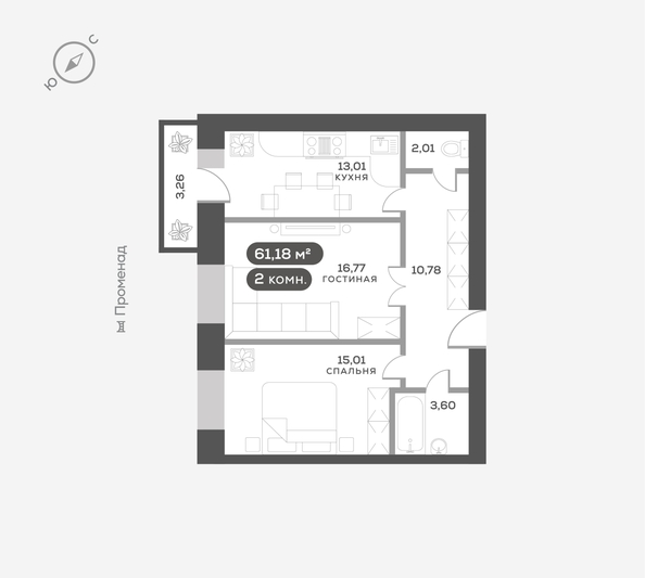 
  Продается 2-комн. квартира 61.18 м², в ЖК ОКТА, дом 2. Фото 6.