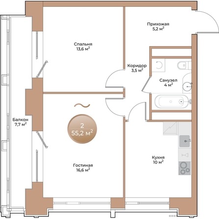 
  Продается 2-комн. квартира 55.2 м², в ЖК Небо над Енисеем. Фото 1.