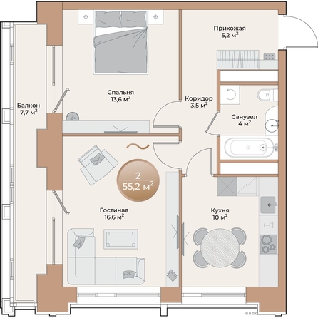 
  Продается 2-комн. квартира 55.2 м², в ЖК Небо над Енисеем. Фото 2.