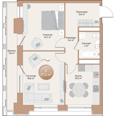 
  Продается 2-комн. квартира 57.2 м², в ЖК Небо над Енисеем. Фото 2.