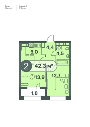 
  Продается 2-комн. квартира 42.3 м², в ЖК Три Клёна, дом 1. Фото 1.