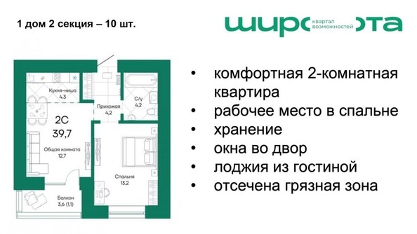 
   Продам 2-комнатную, 39.7 м², Широта, корпус 1

. Фото 1.