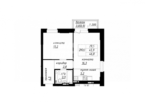 
   Продам 2-комнатную, 46.8 м², Чайка

. Фото 21.