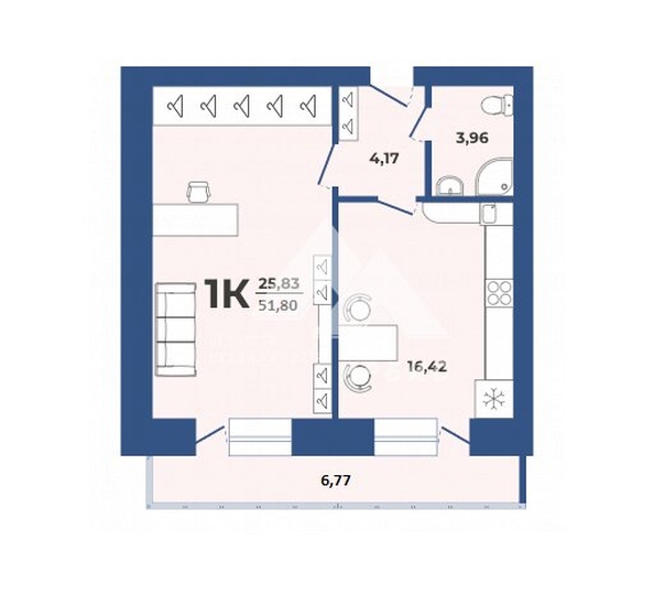
  Продается 1-комн. квартира, 51.8 м², Партизанская/Циолковского ул, д. 21А
. Фото 2.