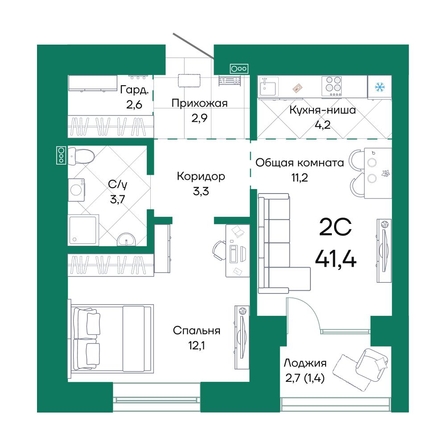
  Продается 2-комн. квартира, 41.4 м², ЖК Широта, корпус 1
. Фото 1.
