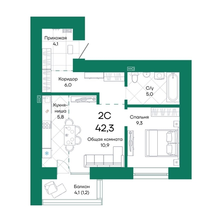 
  Продается 2-комн. квартира, 42.3 м², ЖК Широта, корпус 1
. Фото 1.