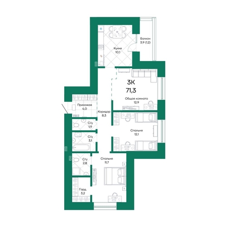 
  Продается 3-комн. квартира, 71.3 м², ЖК Широта, корпус 1
. Фото 1.