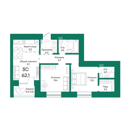 
  Продается 3-комн. квартира, 62.1 м², ЖК Широта, корпус 2
. Фото 1.