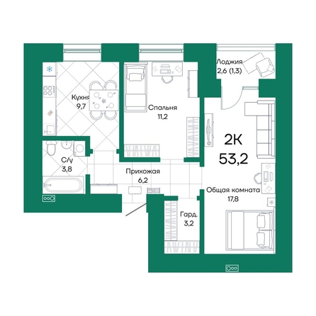 
  Продается 2-комн. квартира, 53.2 м², ЖК Широта, корпус 2
. Фото 1.