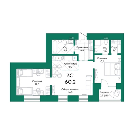 
  Продается 3-комн. квартира, 60.2 м², ЖК Широта, корпус 2
. Фото 1.