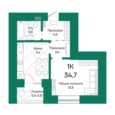 
  Продается 1-комн. квартира, 34.7 м², ЖК Широта, корпус 2
. Фото 1.