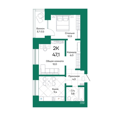
  Продается 2-комн. квартира 47.1 м², в ЖК Широта, корпус 2. Фото 1.