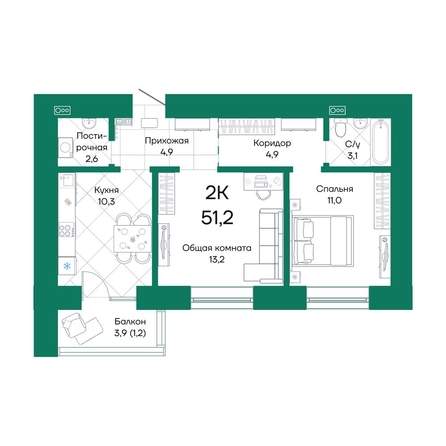 
  Продается 2-комн. квартира 51.2 м², в ЖК Широта, корпус 2. Фото 1.