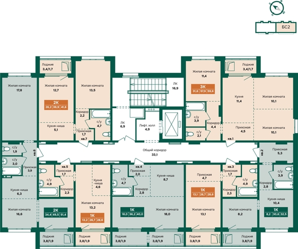 
  Продается 3-комн. квартира 59.6 м², в ЖК Камчатка, корпус 6/2. Фото 1.