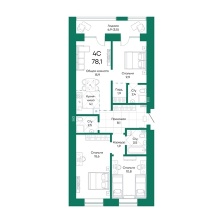 
  Продается 4-комн. квартира 78.1 м², в ЖК Широта, корпус 1. Фото 1.