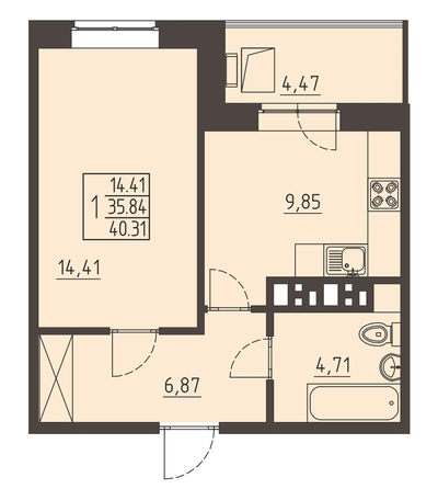 
   Продам 1-комнатную, 40.4 м², Очаг, блок-секция 8

. Фото 1.