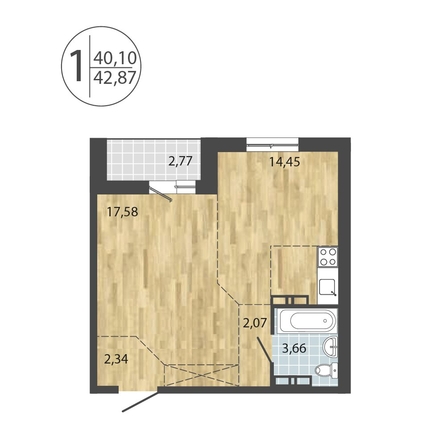 
  Продается 1-комн. квартира, 42.87 м², ЖК ЛЕРМОНТОВ ПАРК, дом 1
. Фото 9.