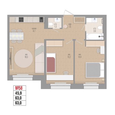 
  Продается 3-комн. квартира 63 м², в ЖК Квартал Стрижи, 3 очередь, дом 2. Фото 1.