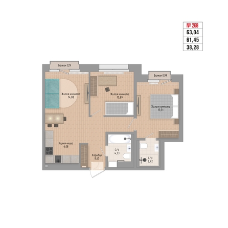 
  Продается 3-комн. квартира 63.04 м², в ЖК Стрижи Сити, блок-секции 6,7. Фото 1.