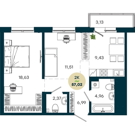 
  Продается 2-комн. квартира 57.02 м², в  ЖиВой комплекс на Кузьмихе. Фото 2.