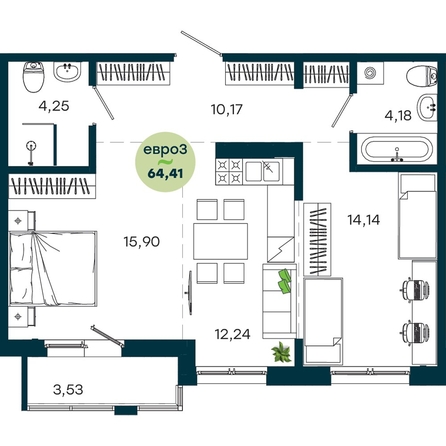 
  Продается 2-комн. квартира 64.41 м², в  ЖиВой комплекс на Кузьмихе. Фото 2.