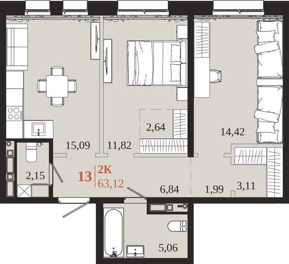 
  Продается 2-комн. квартира 63.12 м², в ЖК 1661. Фото 1.