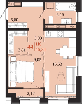 
  Продается 1-комн. квартира 46.34 м², в ЖК 1661. Фото 1.
