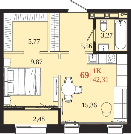 
  Продается 1-комн. квартира 42.31 м², в ЖК 1661. Фото 1.