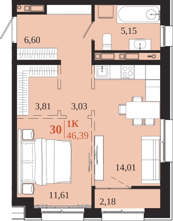 
  Продается 1-комн. квартира 46.39 м², в ЖК 1661. Фото 2.