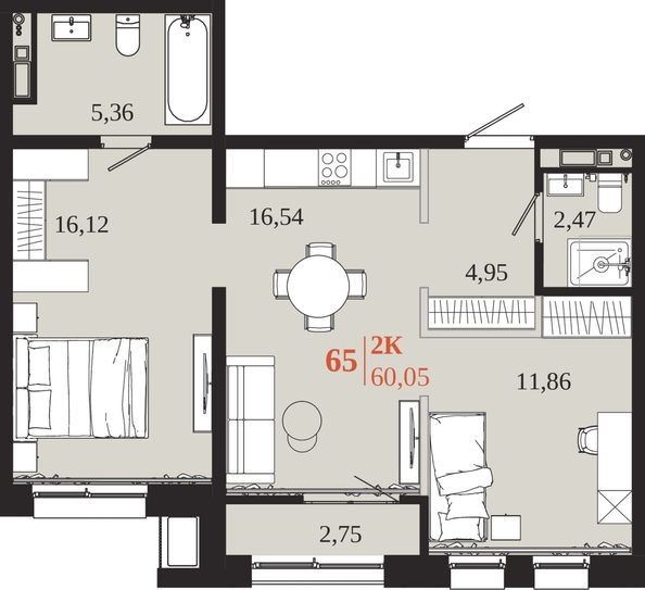 
  Продается 2-комн. квартира 60.05 м², в ЖК 1661. Фото 1.