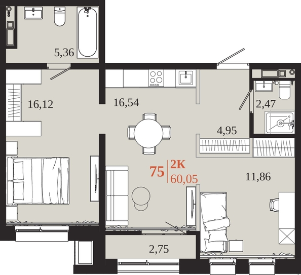 
  Продается 2-комн. квартира 60.05 м², в ЖК 1661. Фото 1.