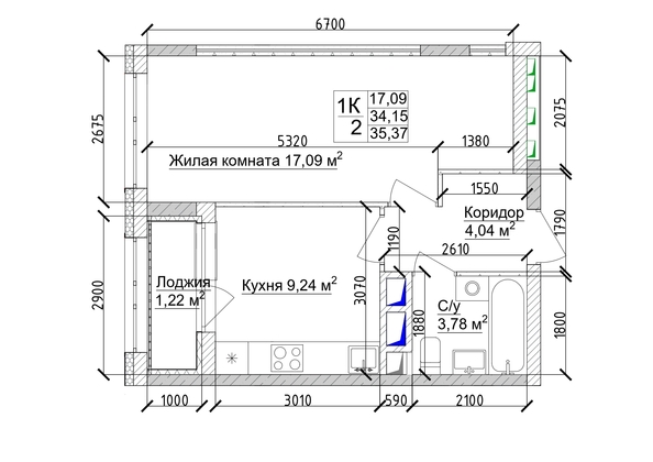 
   Продам 1-комнатную, 36.12 м², 7 высот, дом 6а

. Фото 1.