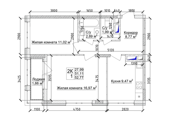 
   Продам 2-комнатную, 54.2 м², 7 высот, дом 6а

. Фото 8.